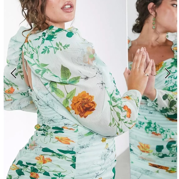 ASOS EDITION Curve ruched mini dress with puff sleeves in green floral print - Picture 3 of 11